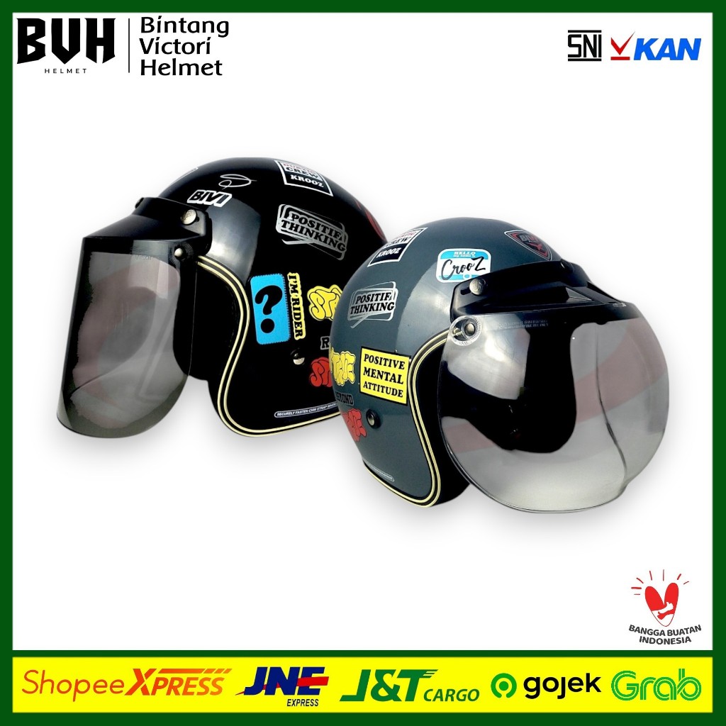Helm Bogo Motif Crooz Sticker SNI BIVI Retro Half Face Pria Wanita Hijab