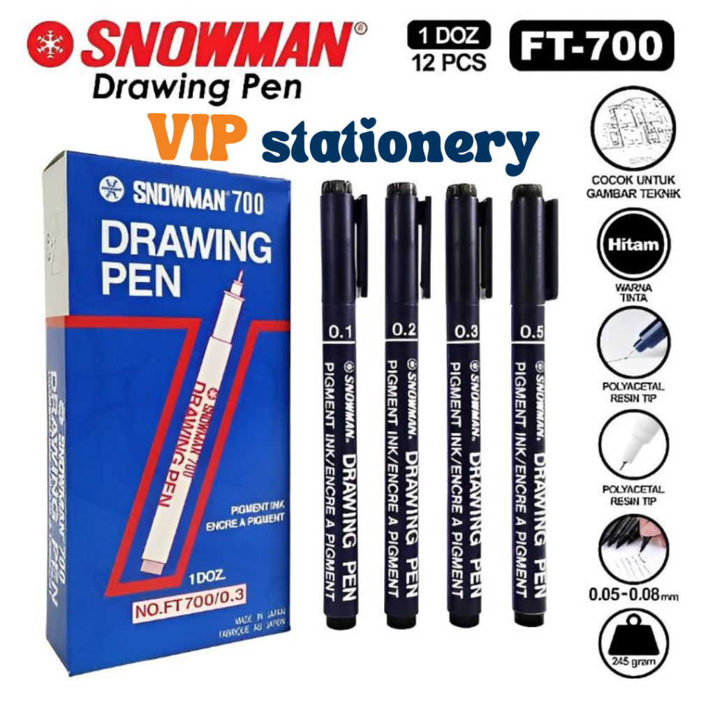 

Drawing Pen Snowman FT 700 Ukuran 0,5 - 0,8 Hitam / Tinta berkualitas tinggi tahan air dan tahan lama