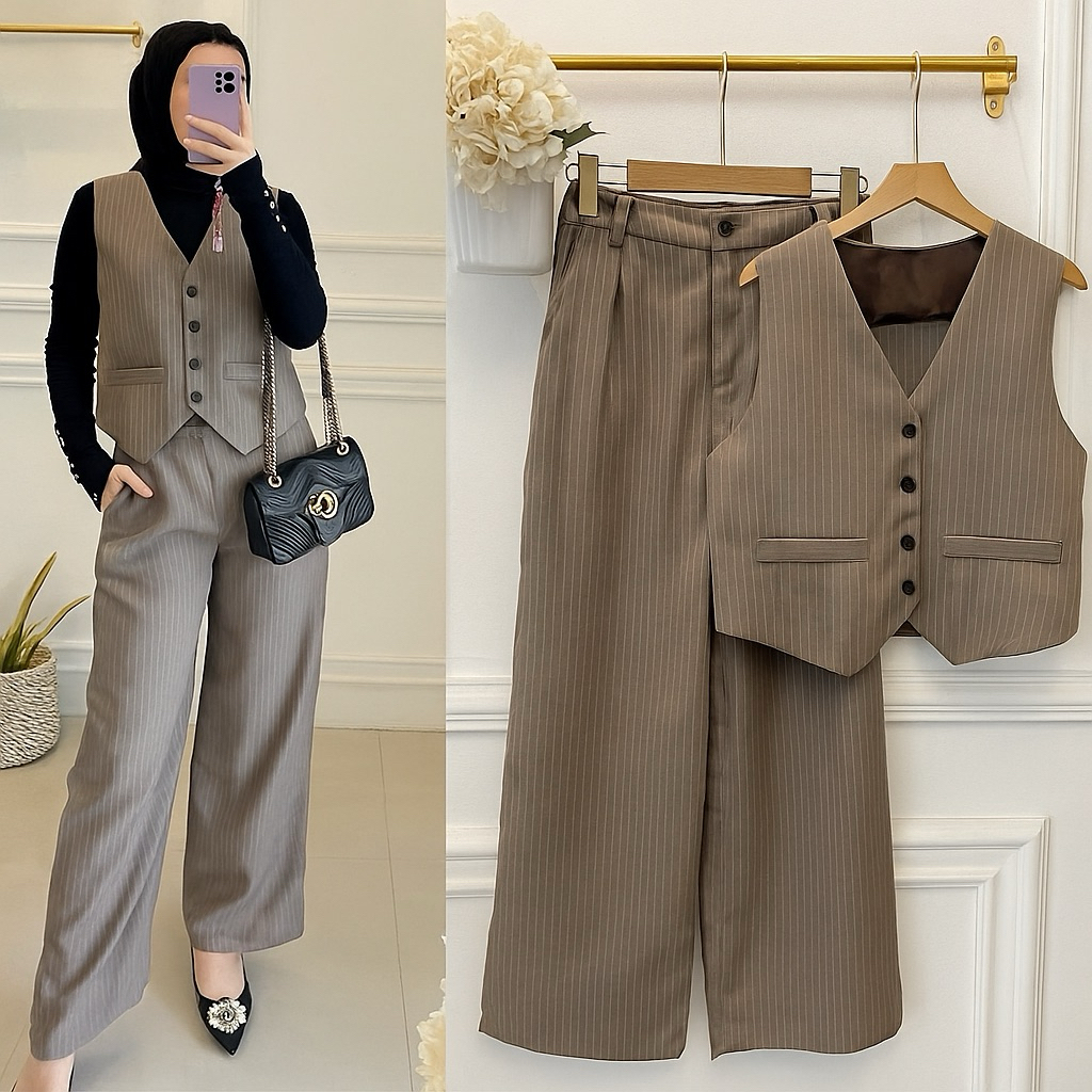 Vest set Celana / baju setelan wanita / set celana wanita / rompi / vest wanita Woll Stripes