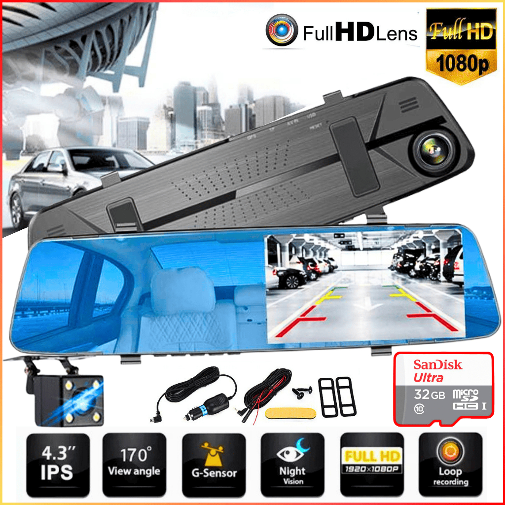 NEW COD Kamera Dashcam Mobil Depan Belakang Kaca Spion DVR Dual 1080P 4.3 Inch + Memori SD Card 32GB
