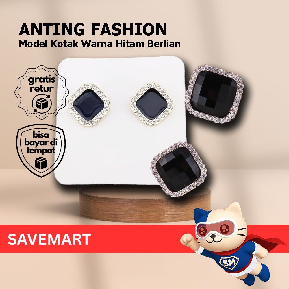 Anting Diamond Hitam Aksesoris Wanita Stylish Anting Berlian Fashion Kotak Hitam Simple Berkilau Ant