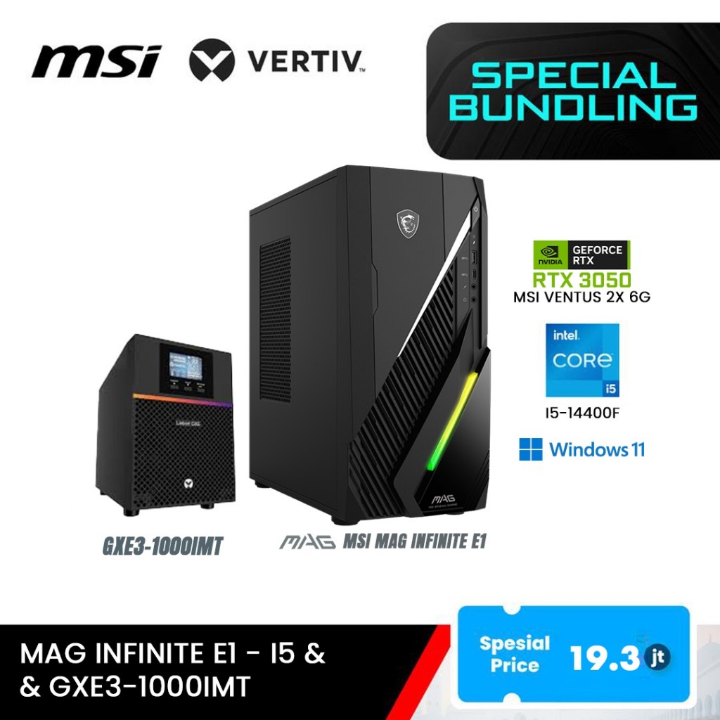 Paket Bundle PC Gaming MSI MAG Infinite E1 i5-14400F RTX 3050 + UPS Vertiv 1000VA/900W On-line Liebe