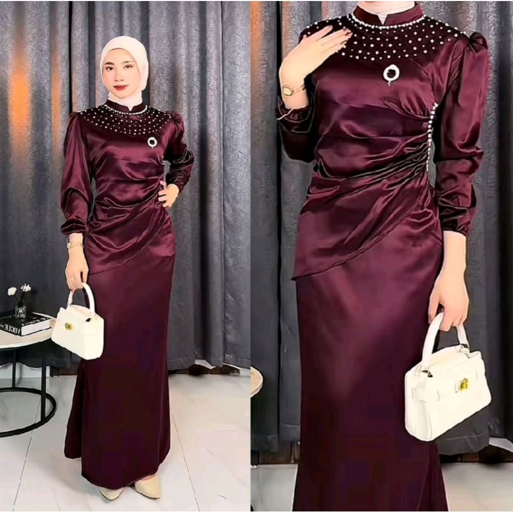 [Vina Dress Spesial Burgundy] Gamis Satin Silk Premium Dress Maxi Kondangan Wanita Muslim Viral Mewa