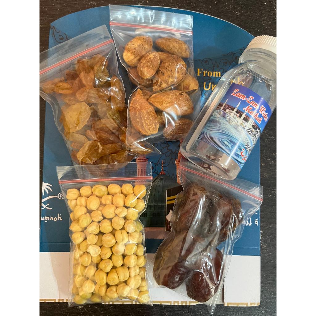 

PAKET OLEH OLEH HAJI DAN UMRAH 10pc ISI 5 MACAM / DUS / KURMA / KACANG ARAB / KACANG ALMOND / KISMIS /AIR ZAM ZAM