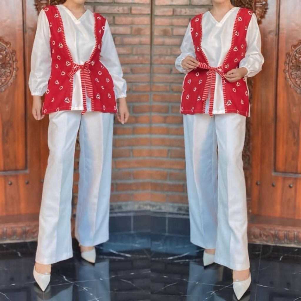 Atasan Batik Wanita Blouse Merah Putih Batik Agustusan Batik Kerja Kantoran Batik Modern Batik Kemer