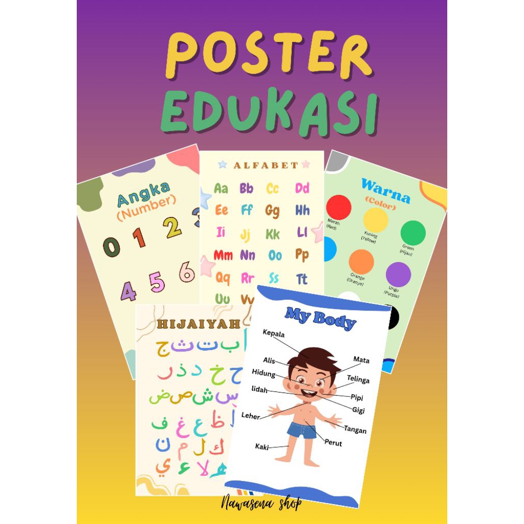 

POSTER EDUKASI ANAK ALFABET | HIJAIYAH | ANGKA | WARNA | MY BODY | POSTER BELAJAR ANAK PAUD/TK/SD