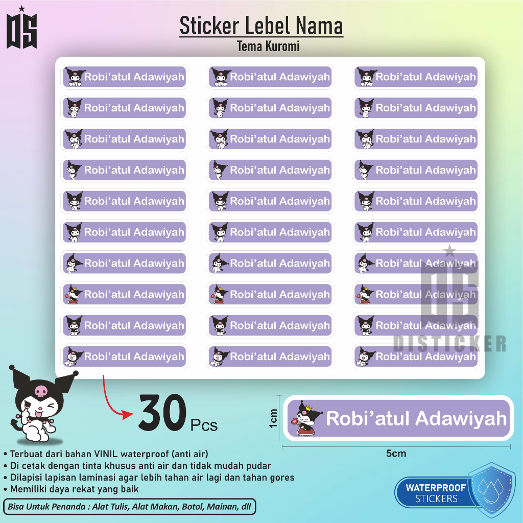 

DISTICKER Sticker Nama Anak 30 pcs Stiker Name Tag KUROMI Vinyl Waterproof Stiker Label Lebel 30pcs Anti Air