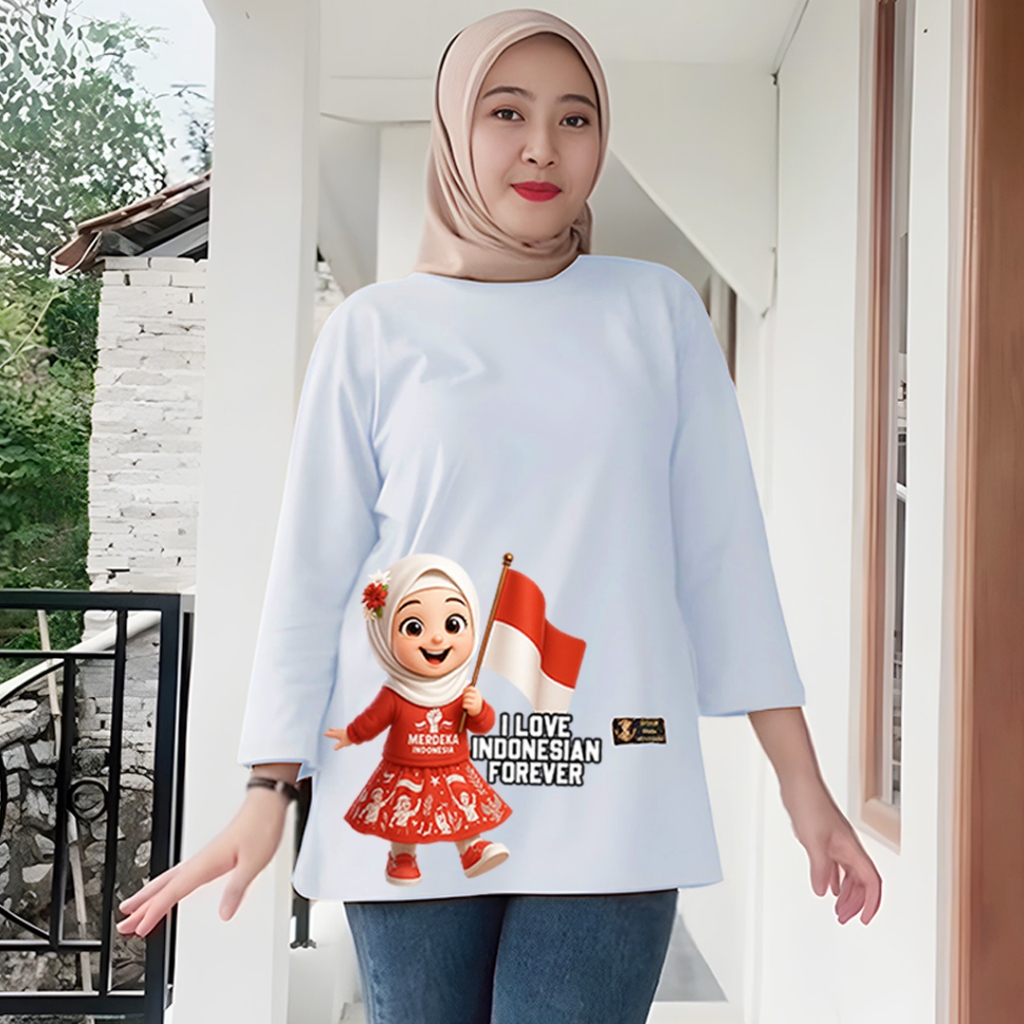 kaos merah putih oversize wanita kaos lengan 7 8 wanita oversize motif kemerdekaan agustus terlaris