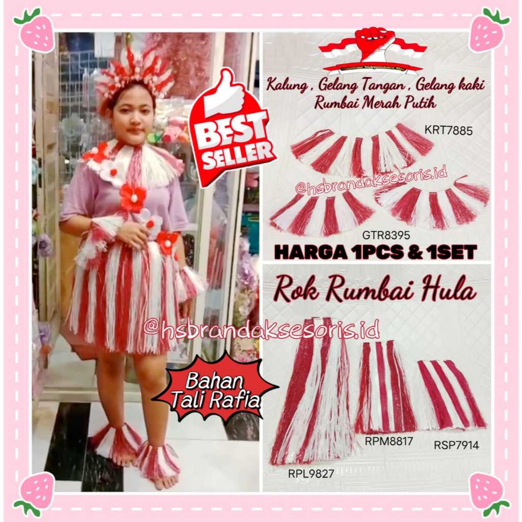 ROK RUMBAI HULA TALI RAFIA HANDMADE / KALUNG RUMBAI MERAH PUTIH HUT RI 17 AGUSTUS / GELANG TANGAN RU