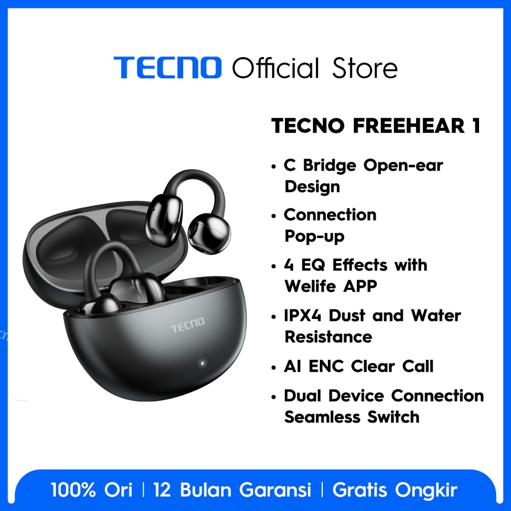 TECNO TWS FreeHear 1 - C Bridge Design, Auto Connection Pop-up, Multi-EQ Effects with Welife APP, AI ENC Clear Call, Dual Device Connection Seamless Switch, IPX4, Garansi 12 Bulan - Gambar 2