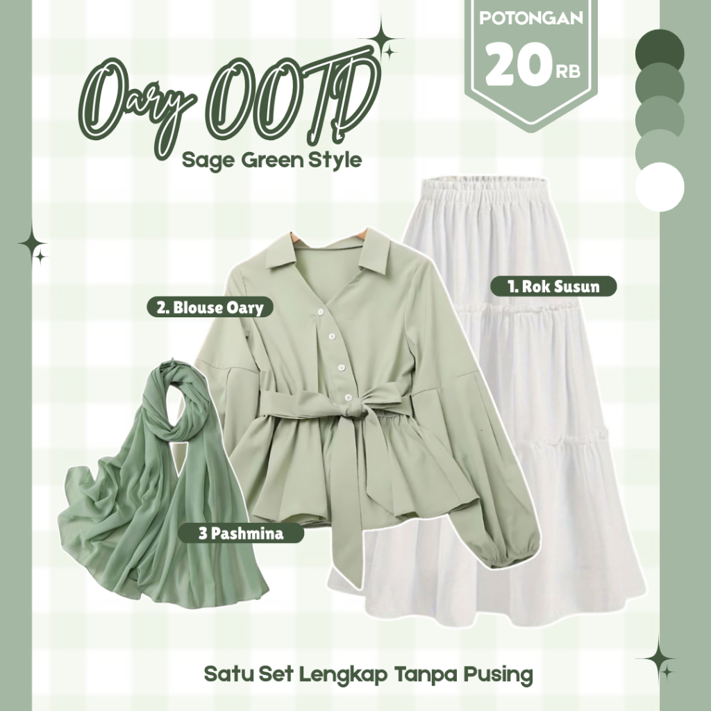 Satu Set Outfit Wanita Korean Style | Blouse Oary, Rok Susun, Pashmina | Setelan Feminin Hijab SN066