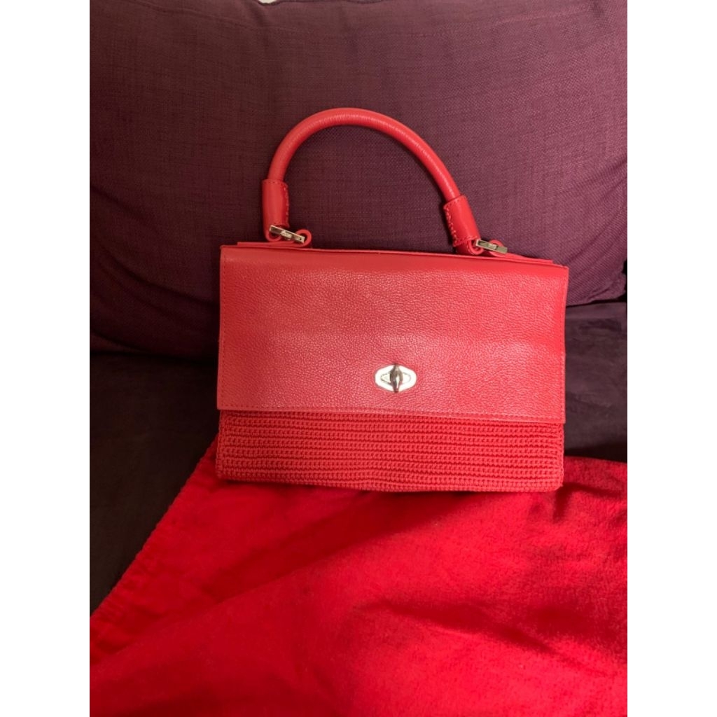 Tas Hand Bag Authentic DOWA Merah Cabe, Bahan Kulit Mix Rajut
