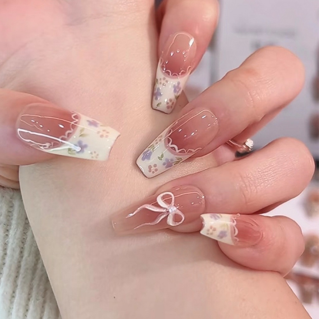 kuku palsu tema bunga pita soft pink ujung putih 24pcs allsize