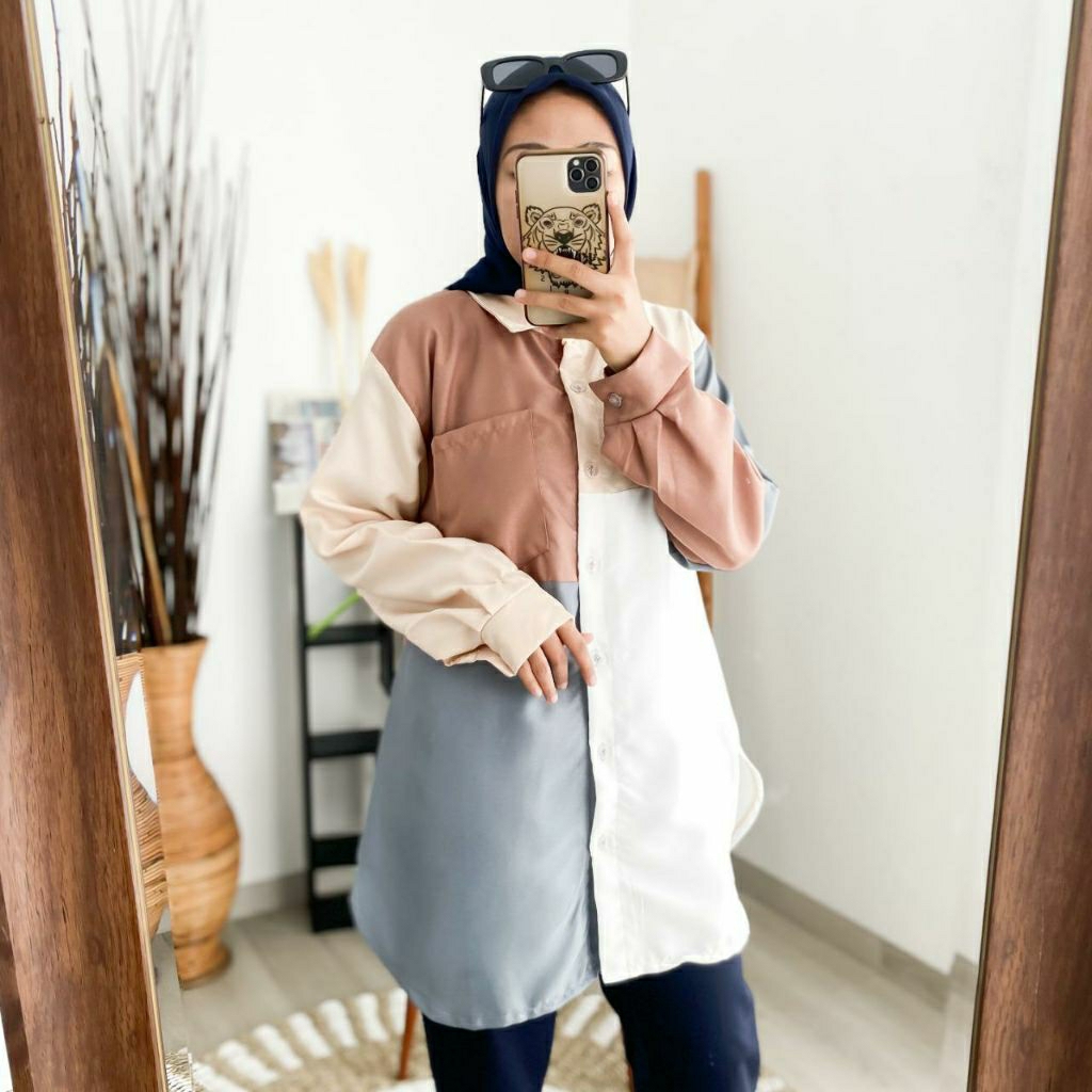 THALIA SHIRT atasan wanita Baju Grey Muslim Panjang Kancing Oversize Casual Basic Dress Shakila