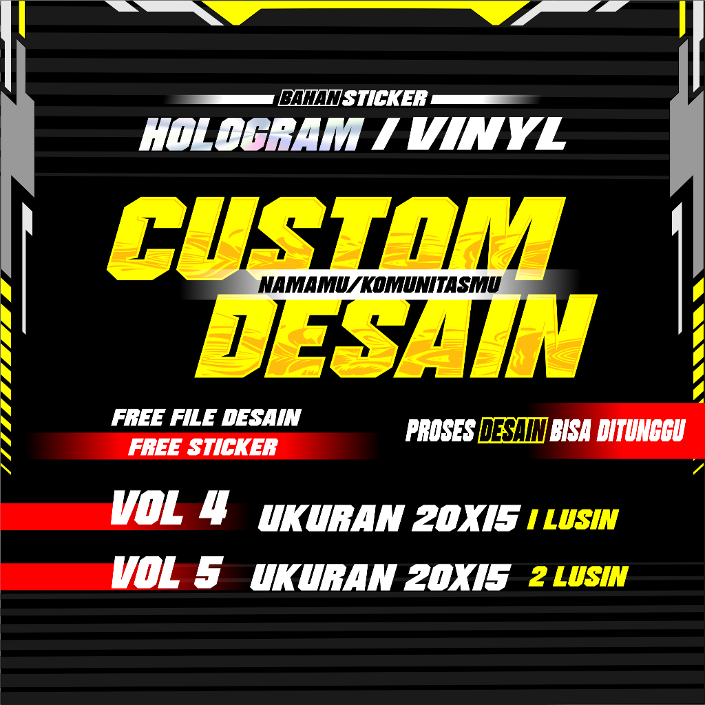 

CUSTOM STICKER ( SIZE M ) BAHAN HOLOGRAM DAN VINYL DESAIN SESUAI REQUEST DAN DAPAT FILE DESAIN