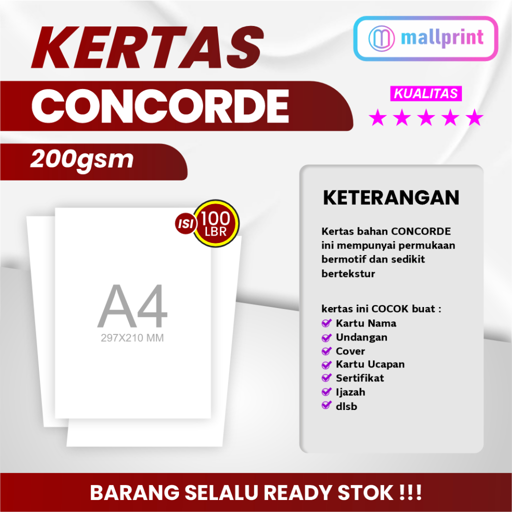 

Kertas Concorde 200 gsm A4 / Kertas Sertifikat / Kertas Piagam / Kertas Kartu Ucapan isi 100