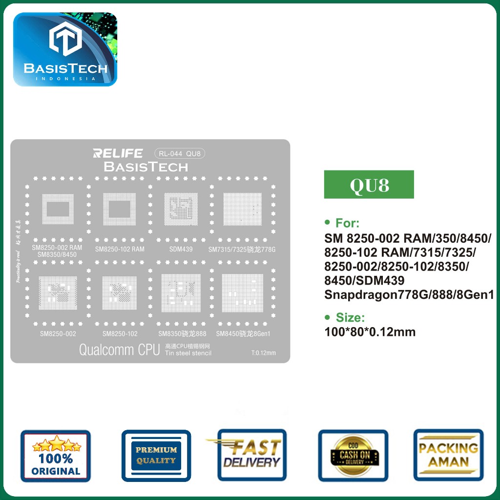 STENCIL PLAT CETAKAN IC BGA CPU REBALLING RELIFE RL-044 QU8 - SM8250-002 RAM - SM8350 - SM8450 - SM8
