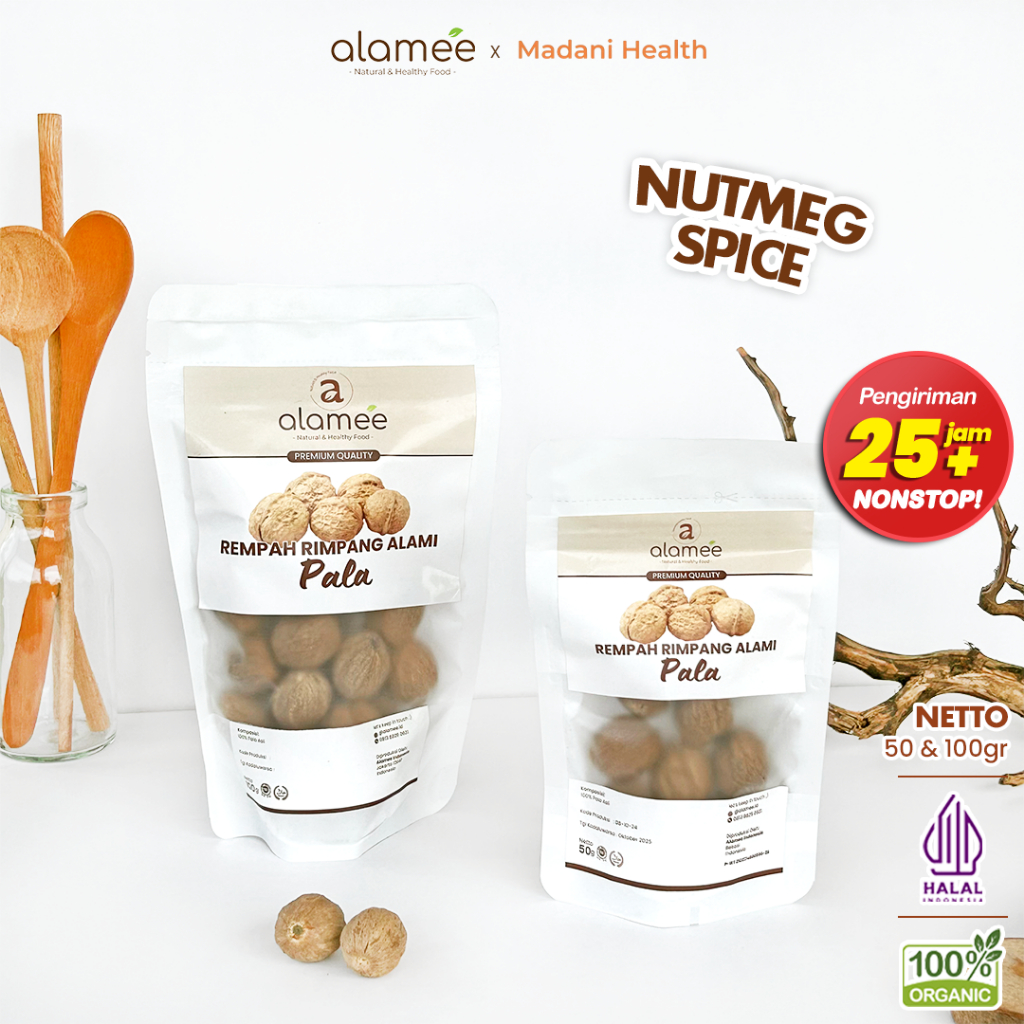 

ALAMEE Biji Pala Utuh Rempah Kering Nutmeg Whole Rimpang Organik Alami Bumbu Seasoning Masakan 100gr