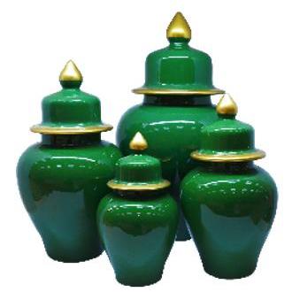 Hiasan Rumah Pajangan Meja Guci Keramik Gold Hijau Polos