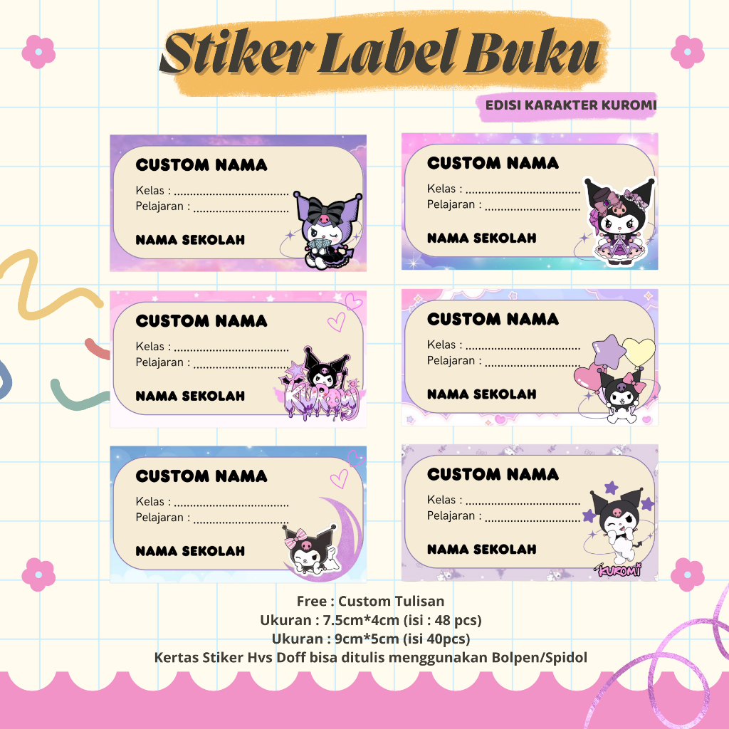 

(48PCS) Stiker Label Buku Custom Nama I Stiker Label Buku Karakter Kuromi My Melody I Stiker Label Buku Anak Sekolah