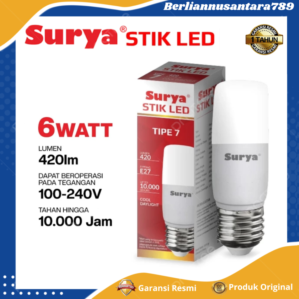 Lampu Bohlam LED SURYA STIK LED Tipe 7 6Watt Cahaya Putih Garansi Resmi