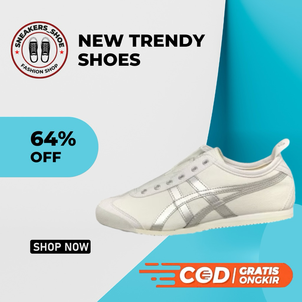 Sepatu Onitsuka Slip On White Silver Free Paperbag & Box