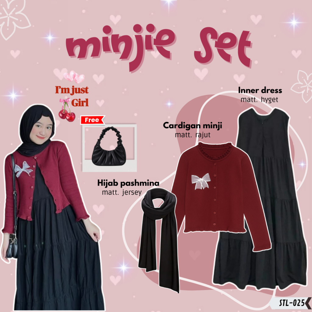 3 IN 1 One Set Korean Style Minjie set [Inner dress ruffle + Cardigan pita minji + hijab pashmina je