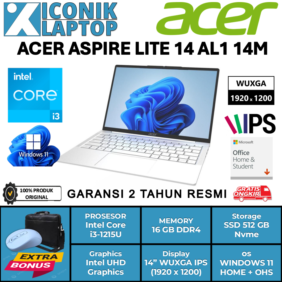 Laptop Acer Aspire Lite 14 Terbaru Intel Core i3 Gen 12 Ram 16GB Ssd 512 GB Garansi Resmi Acer