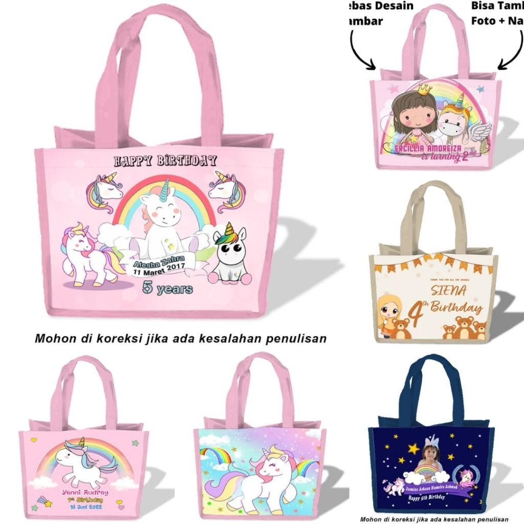 

Tas ulang tahun custom nama foto dan karakter / Tas ultah custom tas goodie bag custom ukuran box kfc dan ukuran nasi kotak.