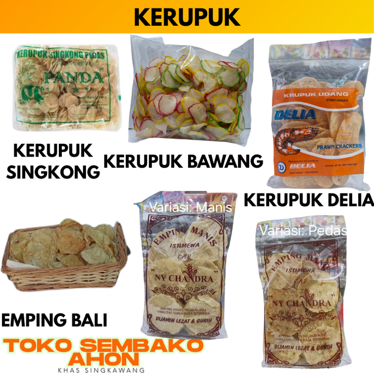

Kerupuk Singkong | Kerupuk Bawang | Kerupuk Delia | Emping Bali 250gr | Emping Ny Chandra Manis | Emping Ny Chandra Pedas | Kerupuk Babi