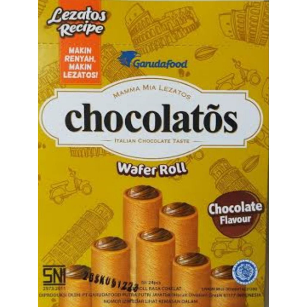 

( per box) chocolatos wafer roll 1 box isi 24 pcs x 7gram..