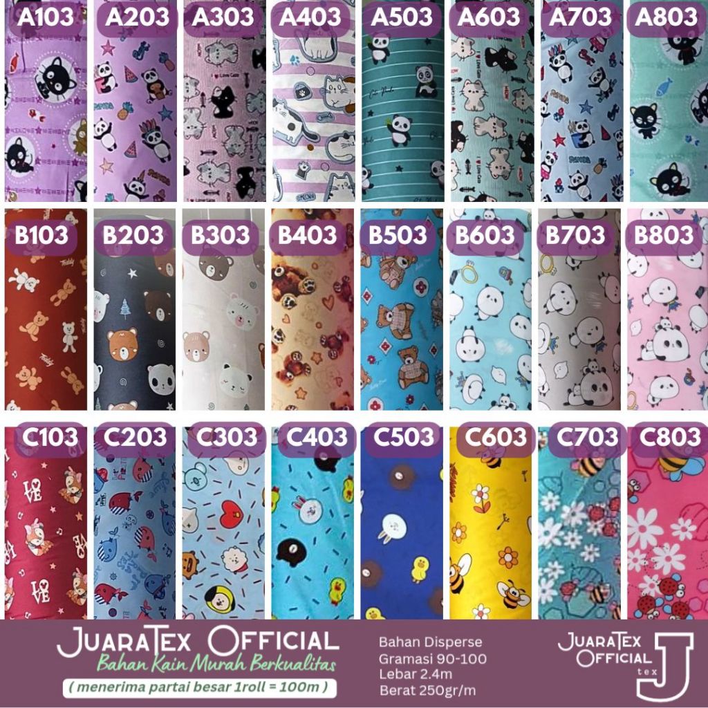 JuaraTex : Kain Katun Meteran Karakter Anak Baju Piyama Sprei Microtex (GROSIR 03)