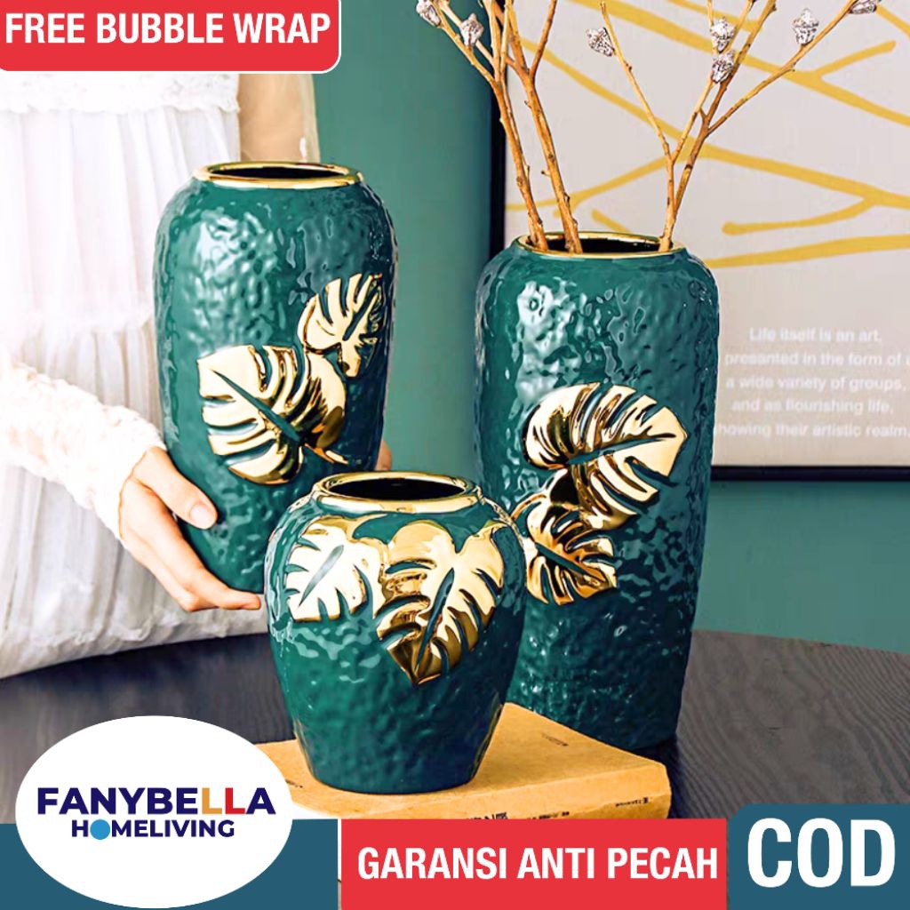 VAS BUNGA KERAMIK HIJAU GOLD MEWAH