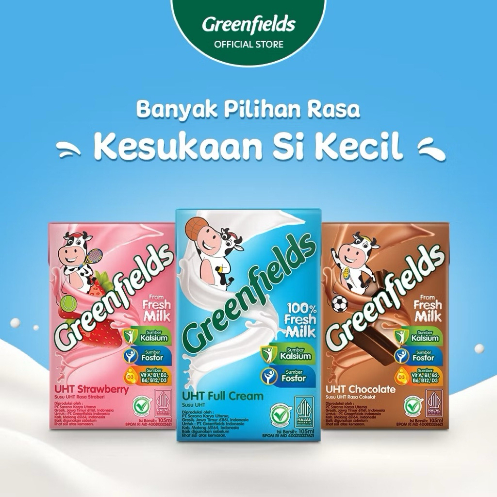 

(5 Pcs) GREENFIELDS Susu UHT 105ml Kemasan Kotak | Green Fields Full Cream Stroberi Cokelat