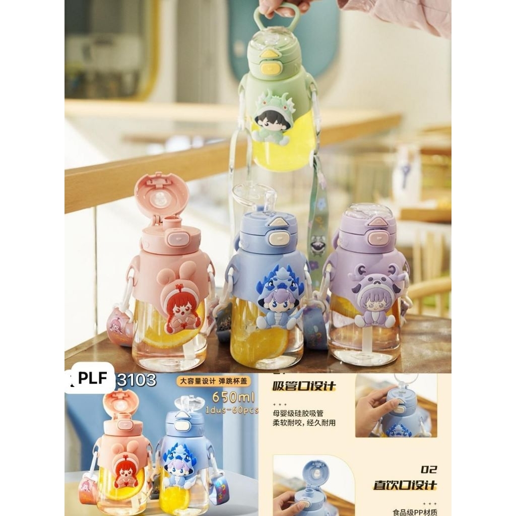 BOTOL MINUM NICE KARAKTER 650ML / 2 CARA MINUM TEGUKAN DAN SEDOTAN / TALI PANJANG