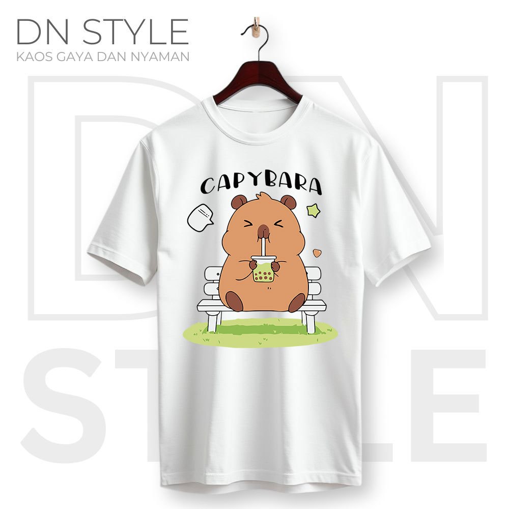 Capy08 - Kaos Capybara Duduk Santai Minum Boba - Kaos Lengan Pendek Katun Combed 30s Premium Asli
