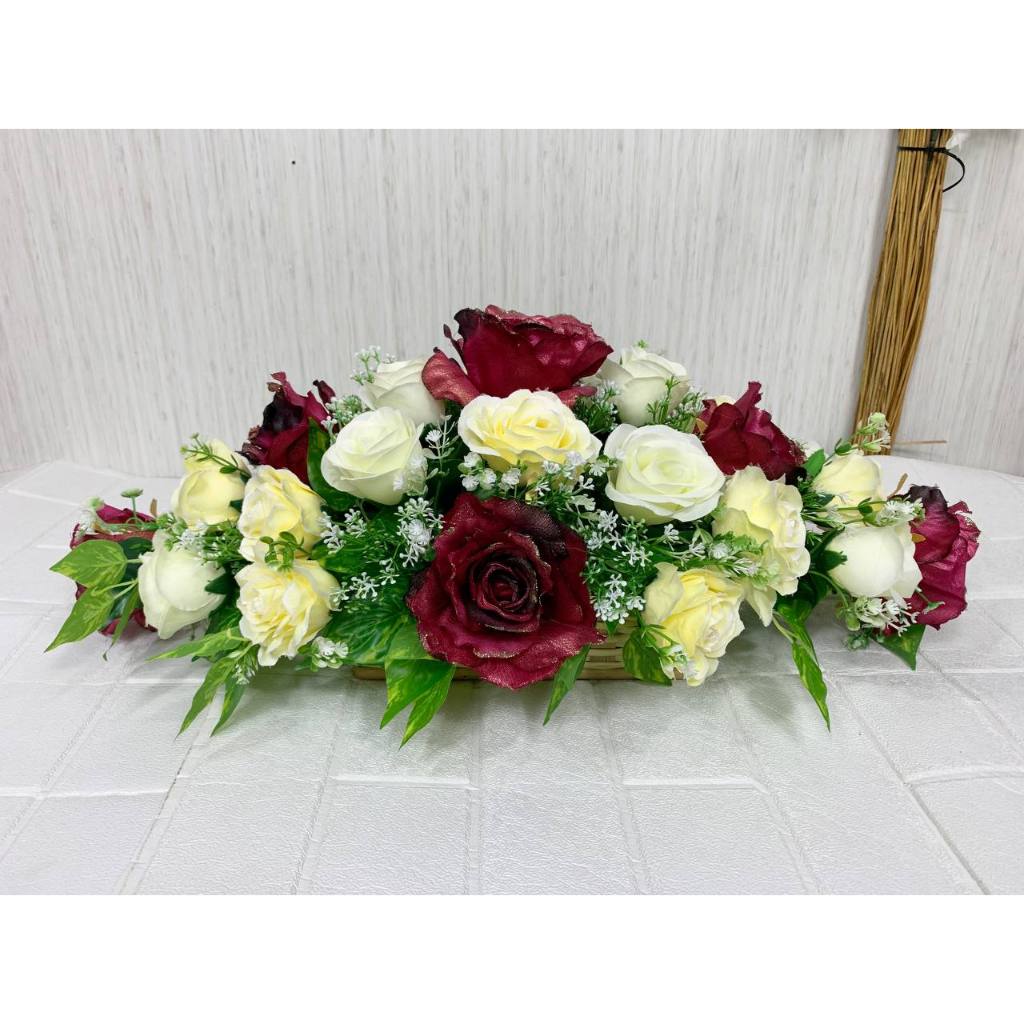 Bunga Meja Oval Rose Lipat Sedang Mix Ros Glitter Pot Keranjang Artificial