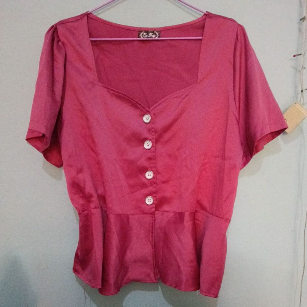 Blouse Kemeja Pink Fuschia Satin