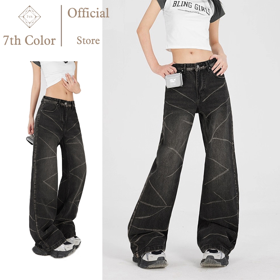 7th Color / Hitam Jeans Panjang Wanita Celana Korean Style Celana Kulot Denim Jumbo Cewek