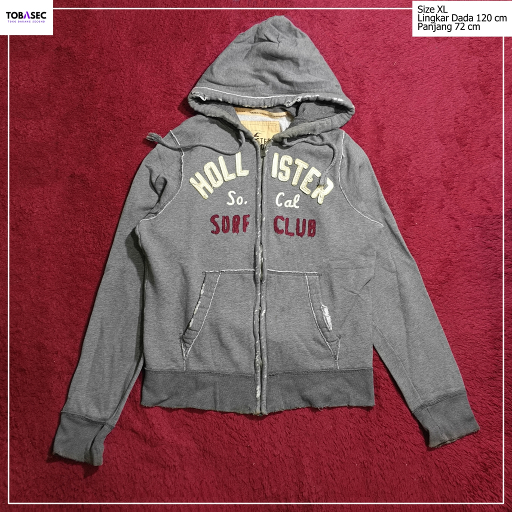 Hoodie STM Zip Hollister Model Ripped bahan tebal sekali warna Abu Size XL