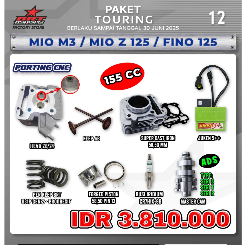 PROMO PAKET TOURING BRT / MIO M3 / MIO Z125 /FINO 125 / HEAD / KLEP /BLOK CATS IRON / JUKEN 5+++ / P