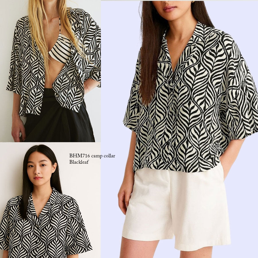 HM716 CAMP COLLAR BLACK LEAF Top Baju Atasan Blouse Kemeja Wanita