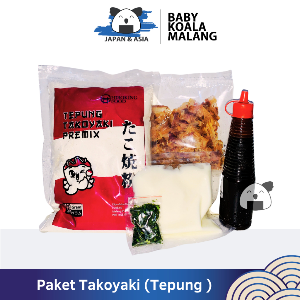 

PAKET BAHAN TAKOYAKI LENGKAP 50 Butir Halal │ Tepung, Katsuobushi, Saus Takoyaki, Aonori -BKM