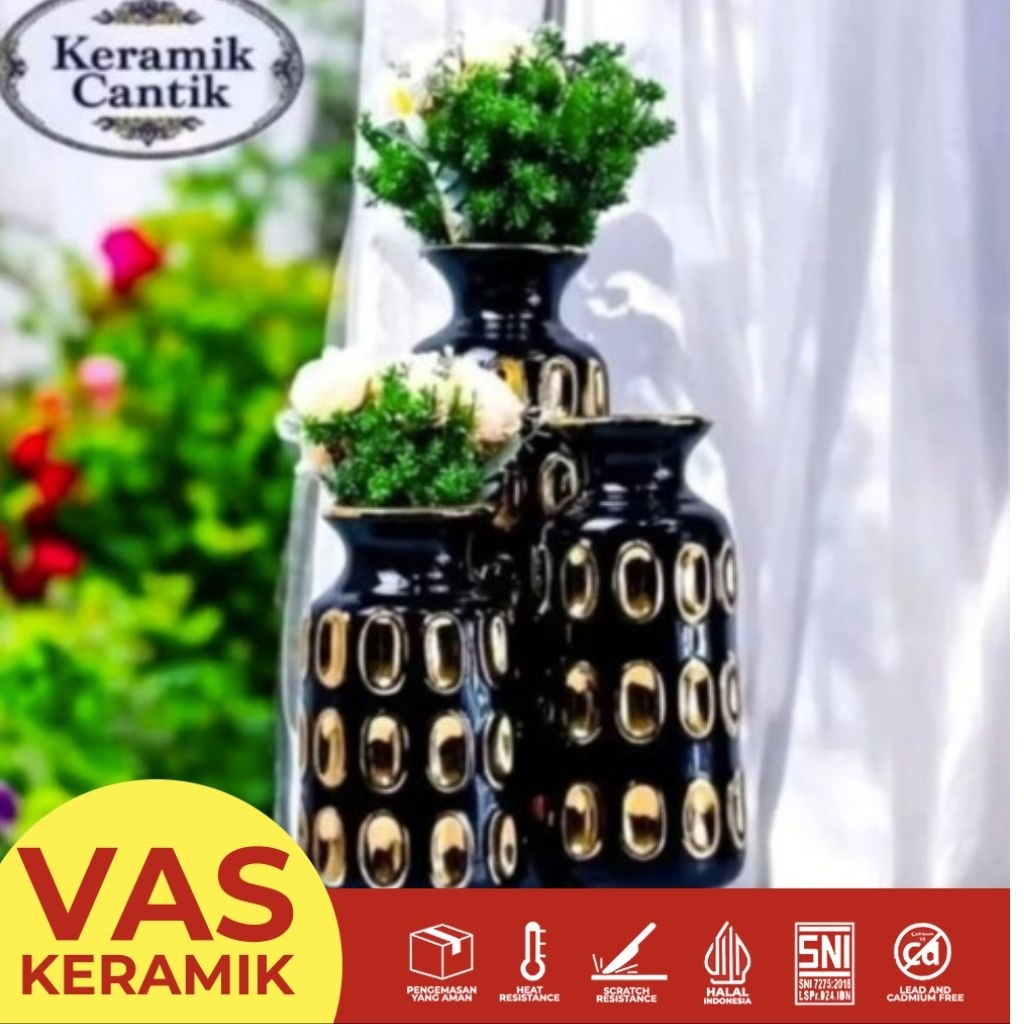 Vas Bunga Keramik Tochin Gingerjar Hitam Emas Gold    Ornamen Keramik Dekorasi rumah Import