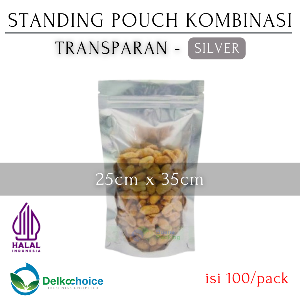 DELKOCHOICE STANDING POUCH KOMBINASI TRANSPARAN - SILVER 25x35