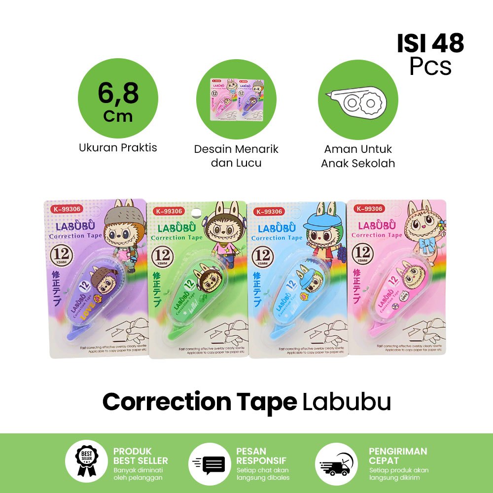 

[Grosir] 48 PCS Correction Tape Tipex Tipeks 12M Warna Warni Labubu