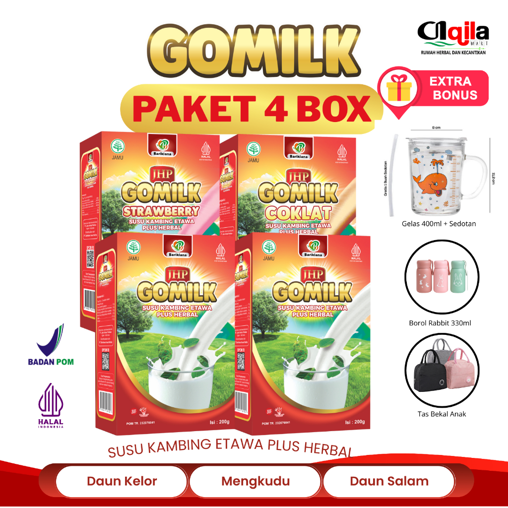 

GRATIS GELAS KACA & SEDOTAN !! SUSU GOMILK 4 BOX SUSU KAMBING ETAWA HERBAL