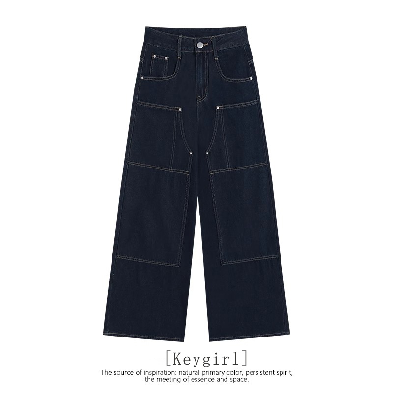 [Keygirl] Celana Cargo Pants Denim Terbaru Straight Wide Leg Baggy Highwaist Jeans Hiphop Street Sty