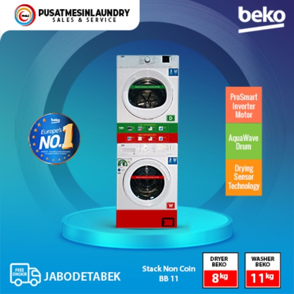 Stacked Non Coin Washer Beko 8kg Dryer Beko 12kg