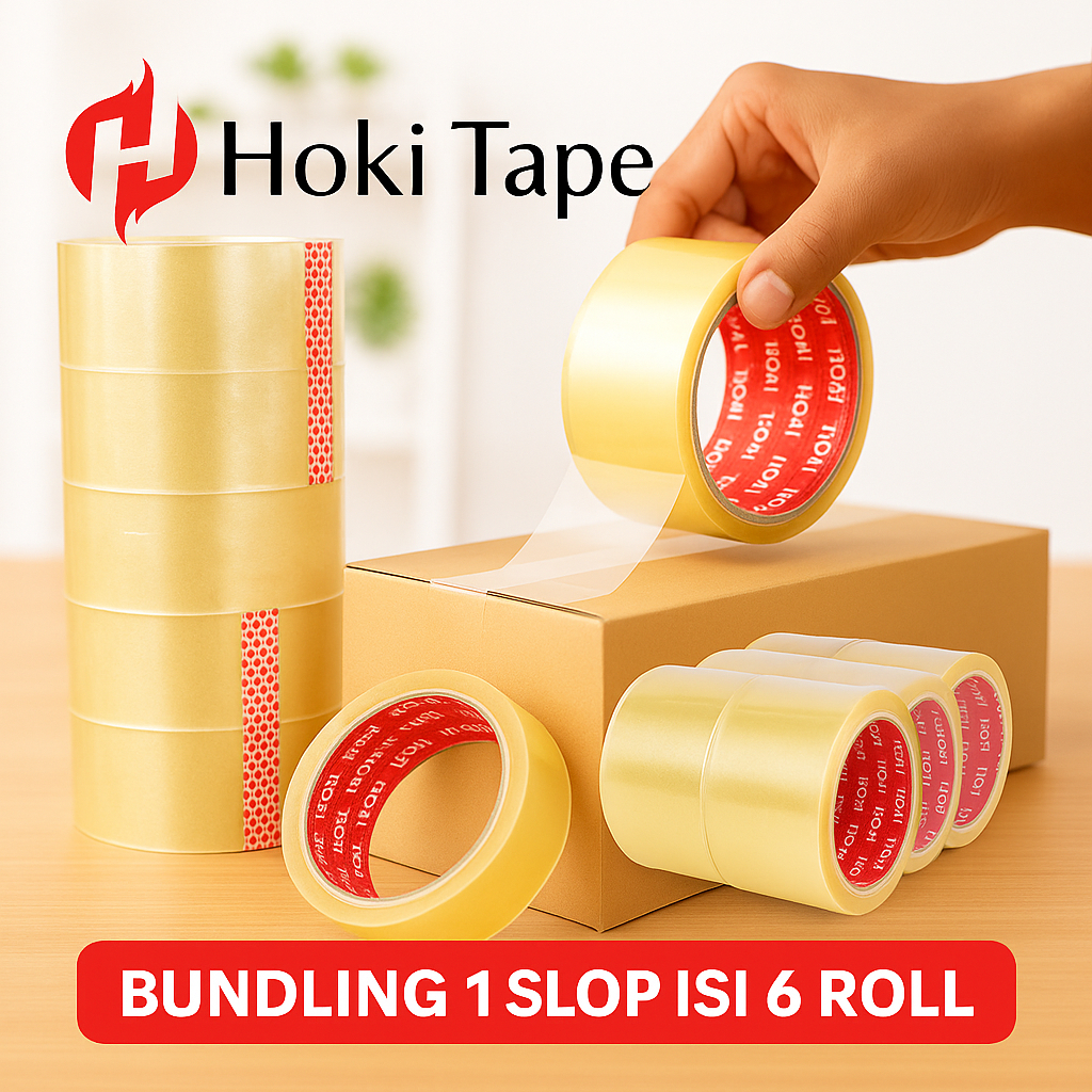 

LAKBAN BENING HOKI TAPE 48 X 90 YARD 48MM 1 SLOP ISI 6 ROLL SOLASI KUAT UNTUK PACKING PAKET